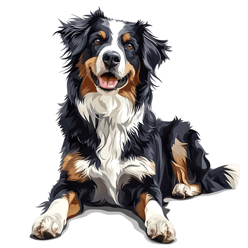 Bernese mountain dog vector art in a lying pose with tri-color fur, black background, and bold digital lines.