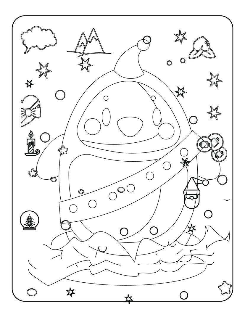 Penguin Christmas coloring page featuring a penguin wearing a Santa hat inside a snow globe with festive stars.