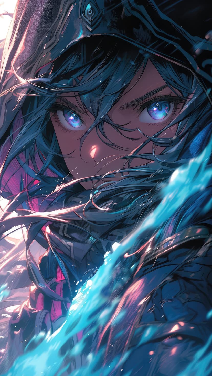 Anime girl with glowing purple eyes and windblown blue hair wearing dark armor with neon turquoise highlights.