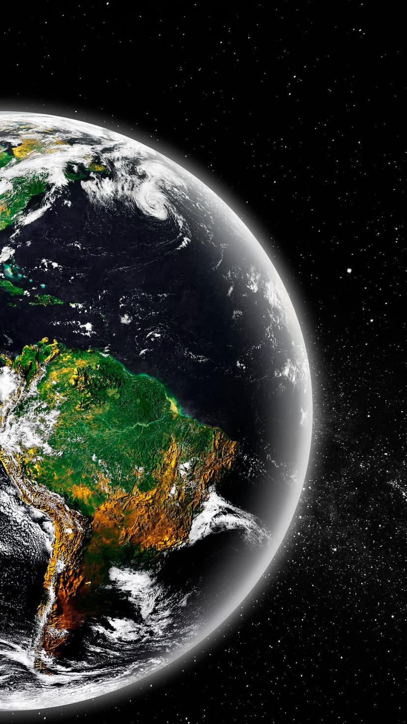 Planet Earth showing South America and white clouds against a black starry sky in a vertical space composition.