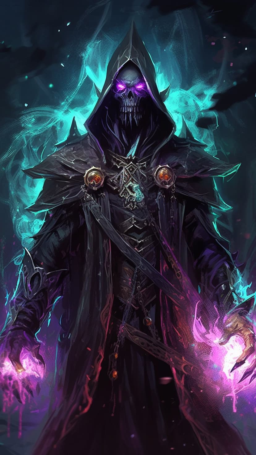 Skull-masked mage in a black hood holds glowing purple flames as teal smoke swirls in a dark fantasy setting.