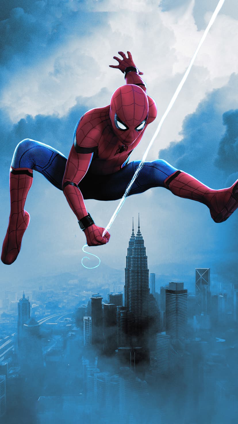 Spider-Man swings on a web between foggy skyscrapers at dusk, wearing his classic red and blue superhero suit.