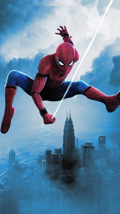 Spider-Man swings through a misty city at dusk