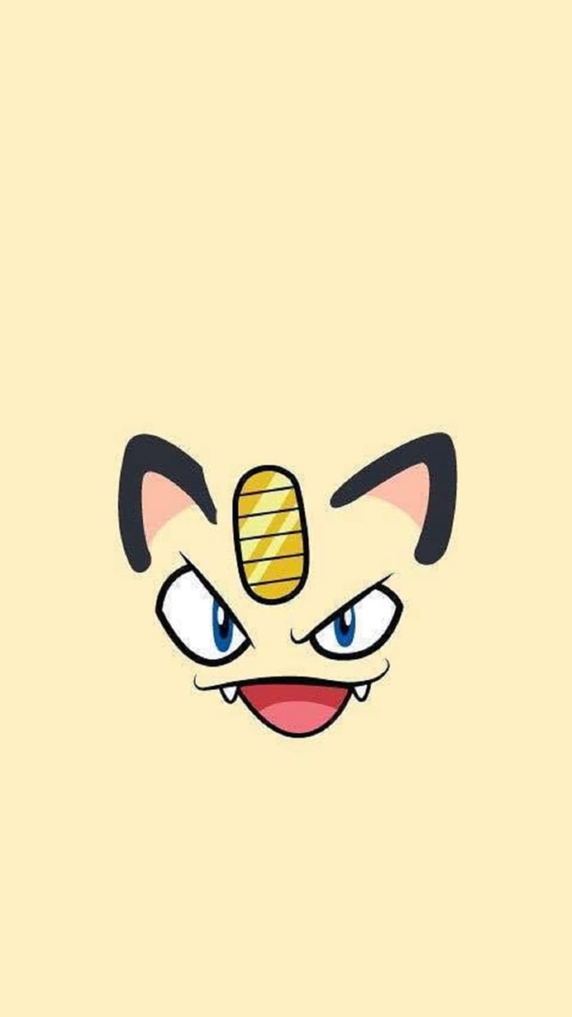 Meowth with blue eyes, sharp fangs, and a gold forehead coin centered on a solid light yellow background.