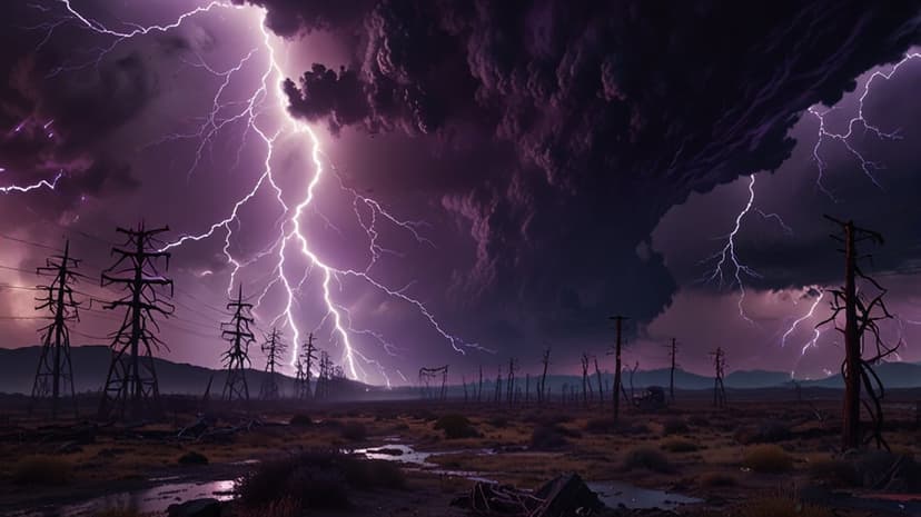 Purple lightning bolts strike a charred landscape with skeletal trees and broken pylons under dark clouds.