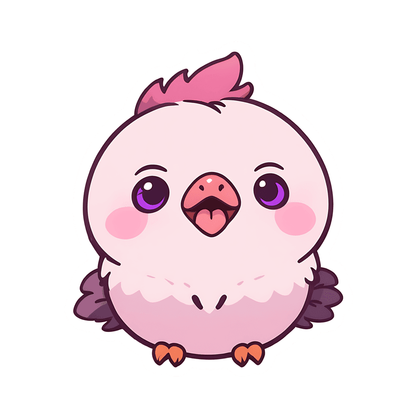 Pink chick sticker illustration featuring a fluffy round baby bird with purple eyes and a white border outline.