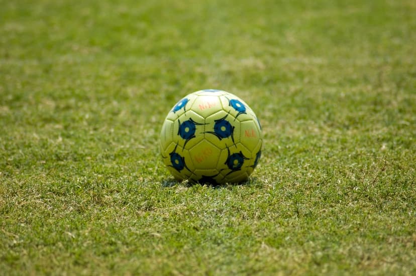 Yellow soccer ball with blue floral patterns rests on a lush green grass field with a soft-focus background.