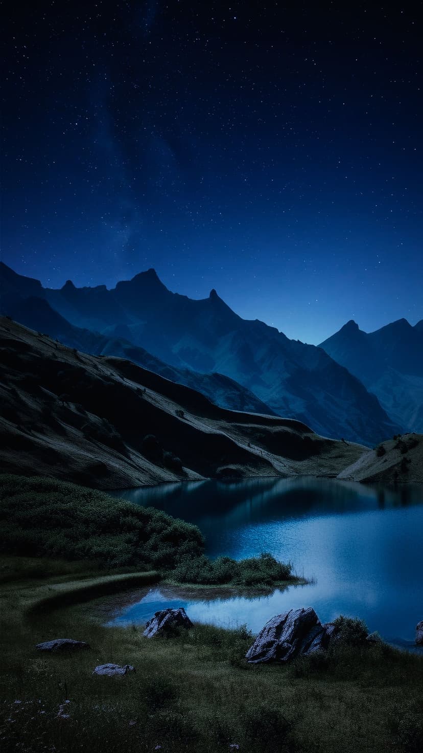 Jagged mountain peaks under a dense field of stars reflecting in a calm, dark lake during the deep blue twilight.