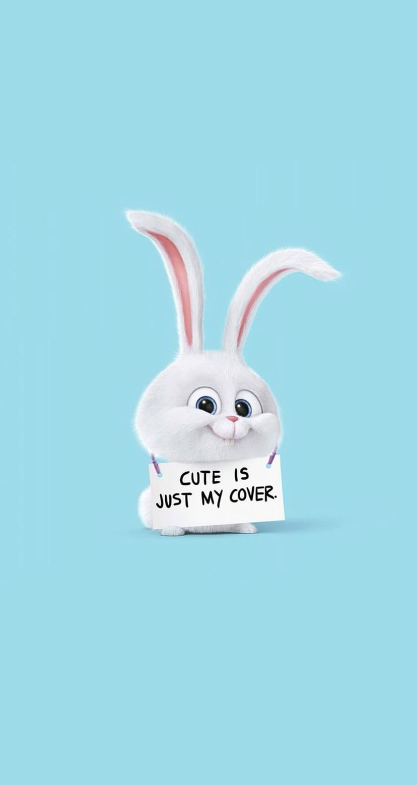 Snowball the white rabbit holds a sign saying Cute Is Just My Cover against a pastel blue background.
