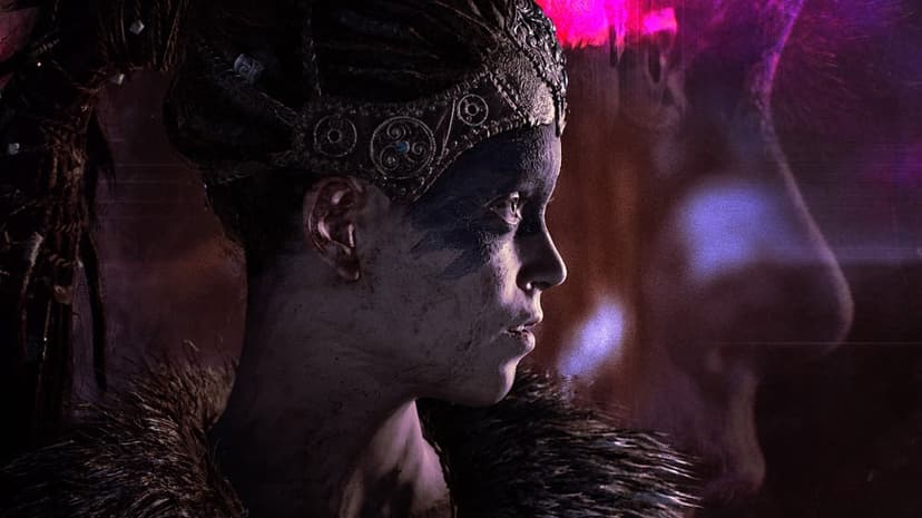 Profile of a female warrior with blue face paint, a Celtic headband, and fur collar against a dark background.