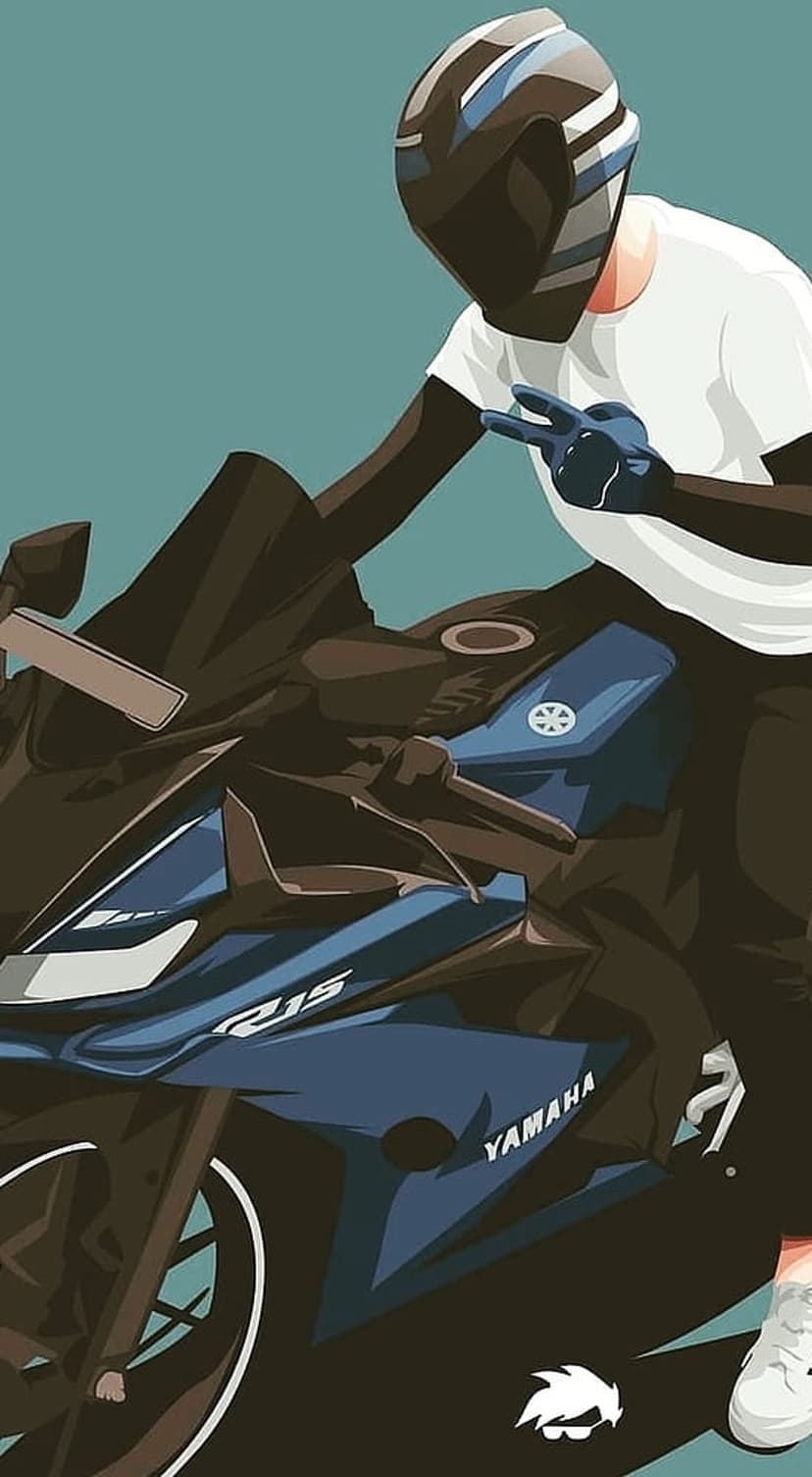 Motorcyclist on a blue Yamaha R15 sportbike makes a peace sign while wearing a blue and black helmet.