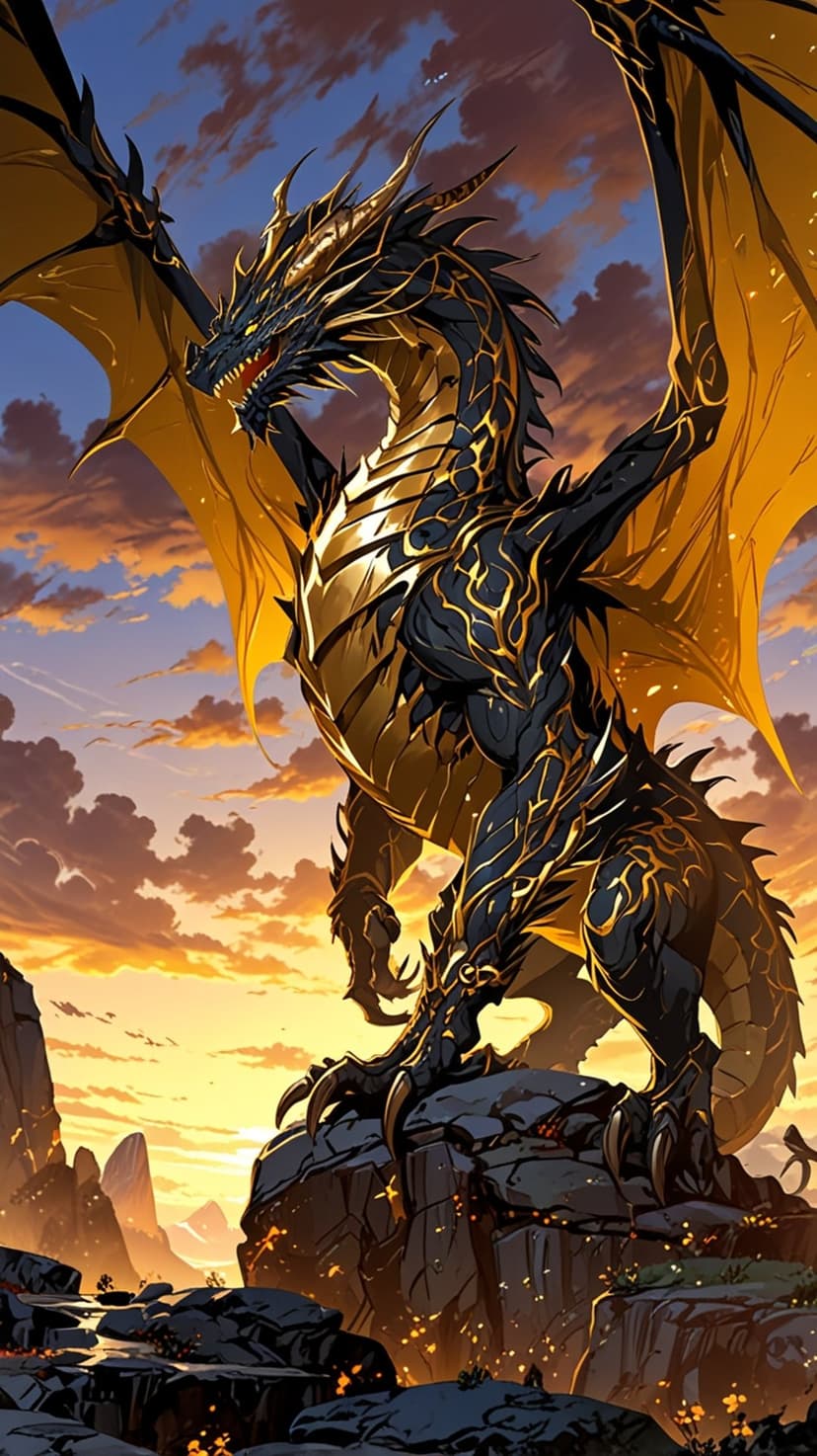 Black dragon with gold armor overlooks a sunset mountain range with orange clouds and jagged rocky peaks.