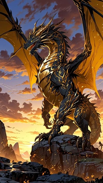 Obsidian and Gold Dragon Mobile Wallpaper Sunset Peak