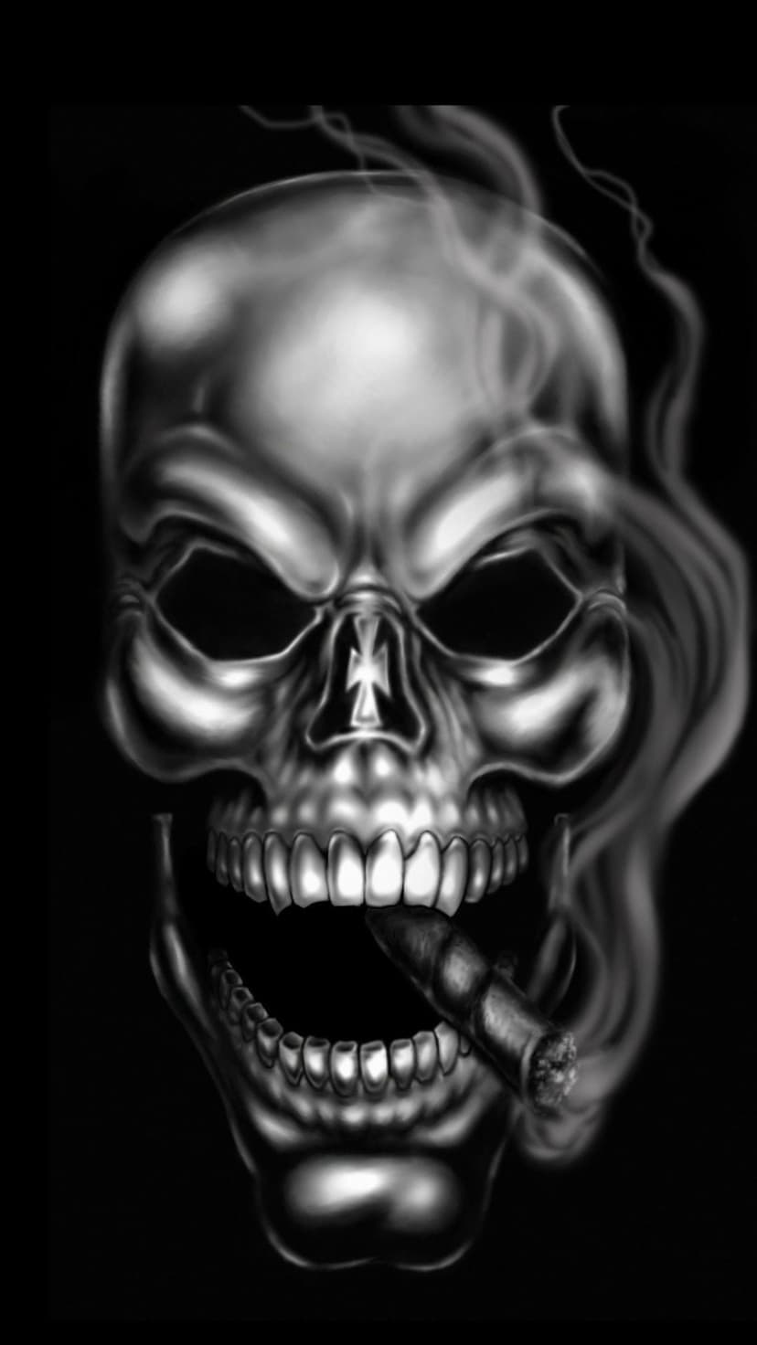 Skull with a cross on its forehead clenches a smoking cigar amidst swirling gray vapor on a dark background.