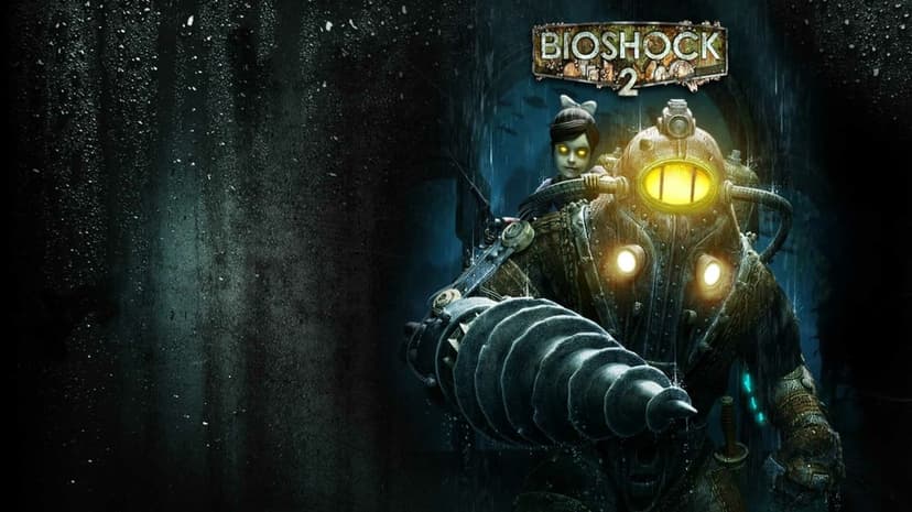 Big Daddy with a drill arm and a Little Sister on his shoulder in a dark, glowing underwater setting.