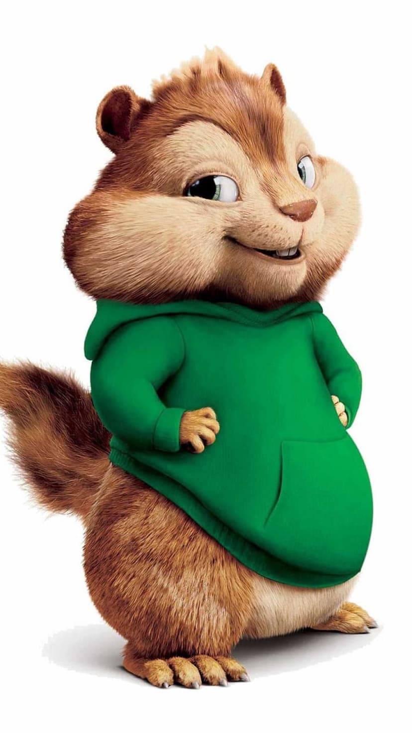 Alvin the Chipmunk wears a green hoodie with paws on his hips against a plain white studio background.