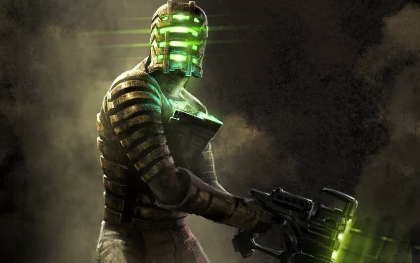 Isaac Clarke in bronze armor with glowing green visors holding a plasma cutter against a dark smoky background.