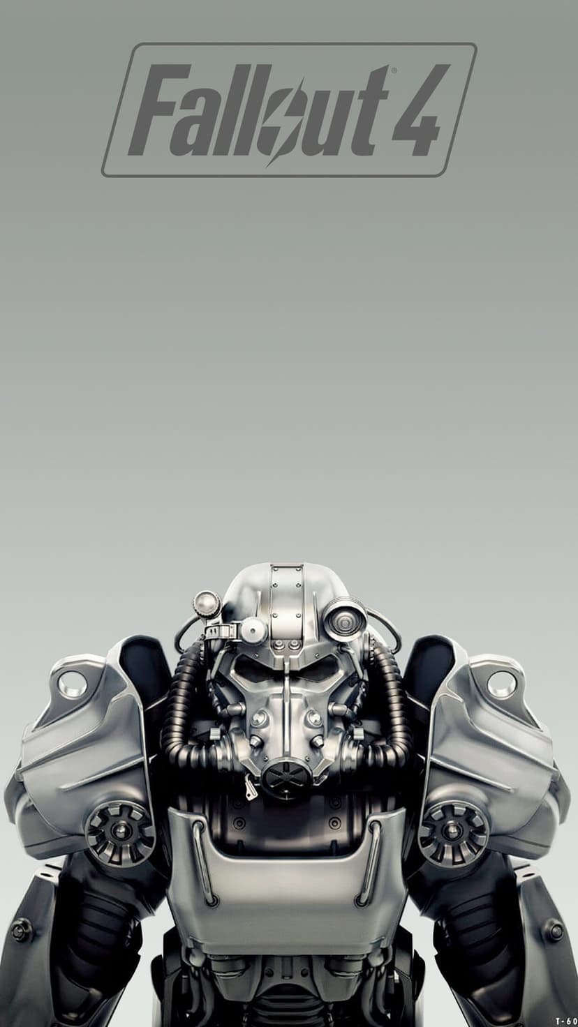Close-up of silver T-60 Power Armor chest and helmet against a plain grey background with Fallout 4 logo above.