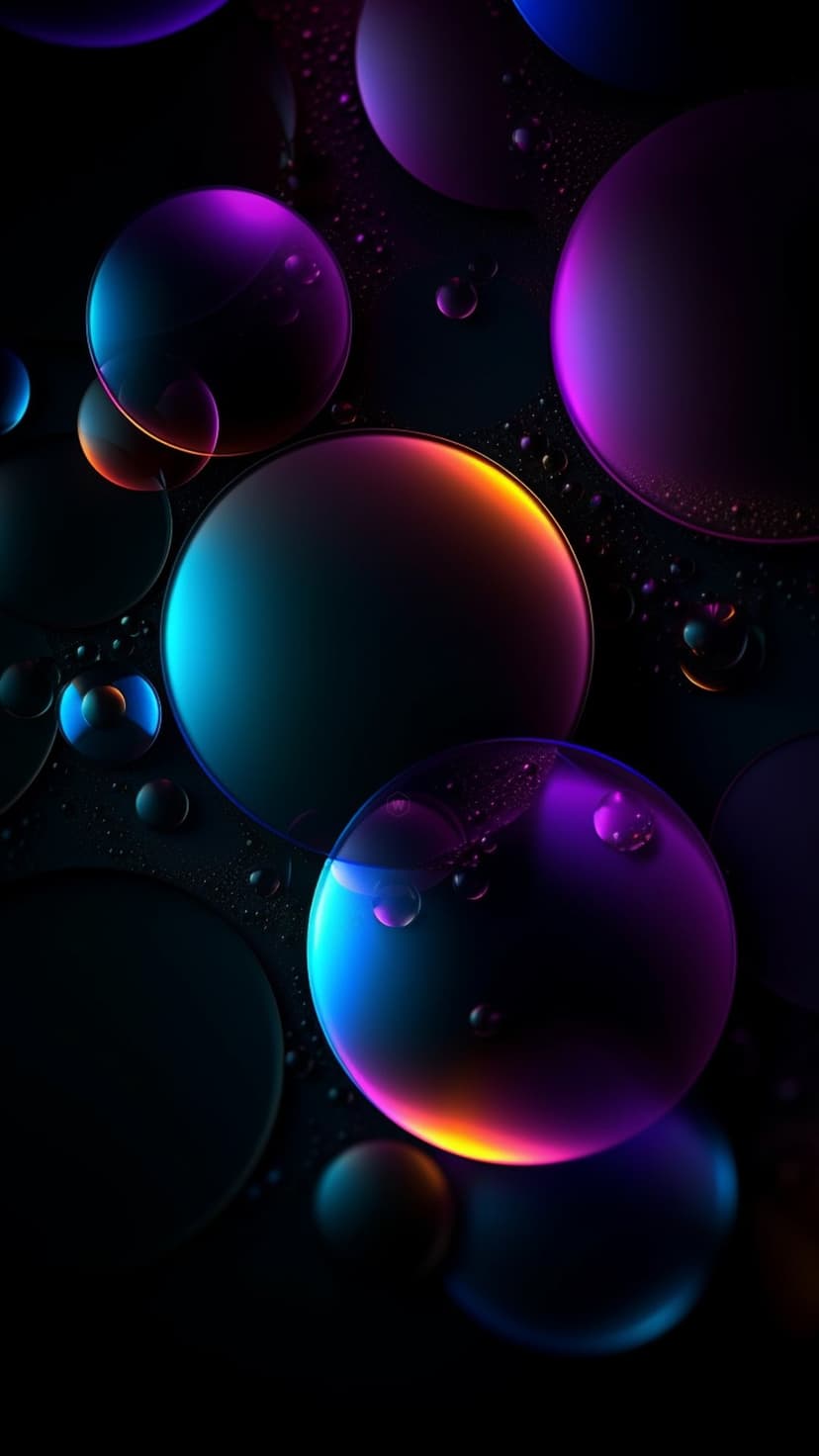 Glowing iridescent bubbles in blue, purple, and orange hues float against a black background with water droplets.