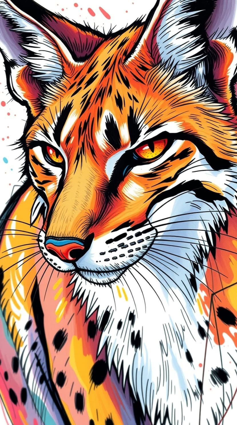 Lynx with intense orange eyes and geometric fur patterns set against a backdrop of blue and fiery orange splashes.