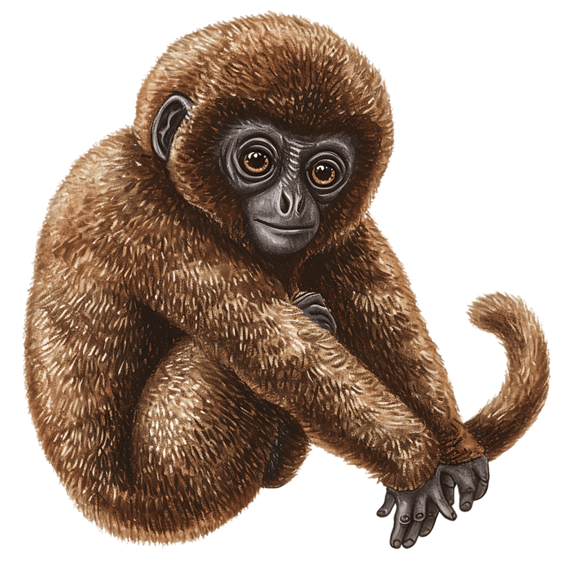 Brown monkey illustration features textured fur and large amber eyes while sitting with a curled tail.