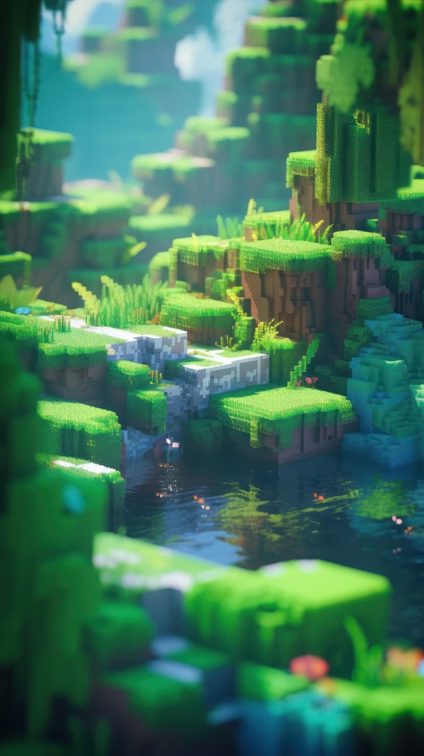 Tiered cubic waterfall flows into a blue pool surrounded by mossy green blocks and white stone textures.