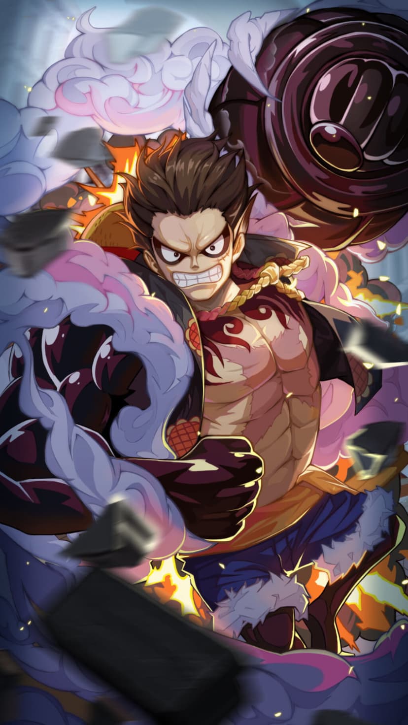 Luffy Gear 5 laughs while surrounded by swirling white vapor and orange flames against a dark backdrop.