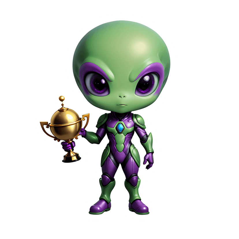 Chibi green alien wearing purple armor holds a shining gold trophy against a clean white outline backdrop.