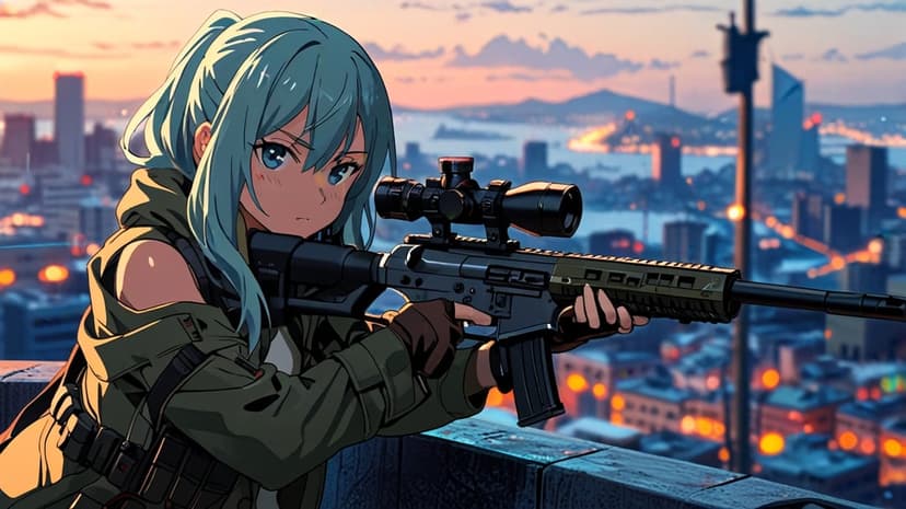 Blue-haired girl in tactical gear holds a sniper rifle on a rooftop overlooking a sunset city with glowing lights.