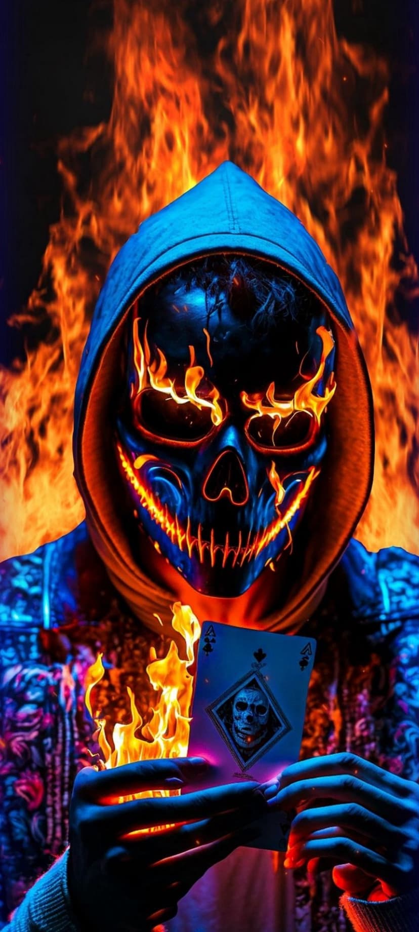 Hooded figure with a glowing skull mask holds an Ace of Spades card amid blue and orange flames and smoke.