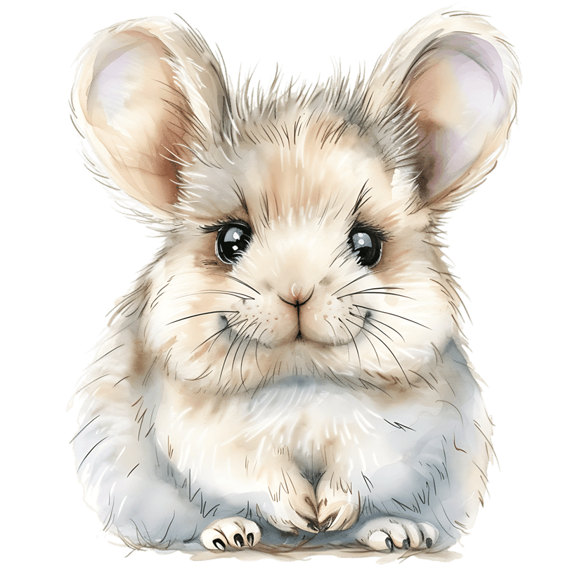 Chinchilla watercolor portrait highlights fluffy grey fur and large ears against a deep black background.