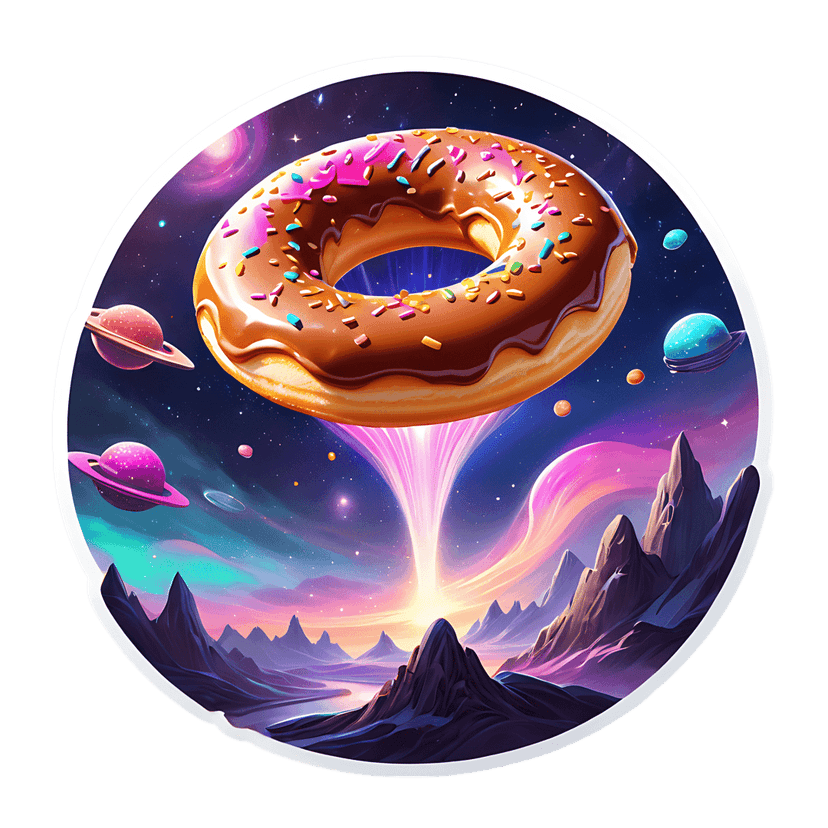 Chocolate sprinkle donut floats above purple mountains under a cosmic sky with ringed planets and light beams.