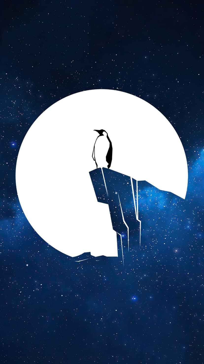 Penguin silhouette on a rocky cliff under a massive glowing full moon and twinkling stars in a dark sky.