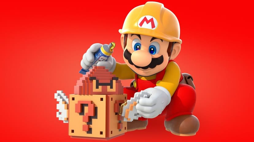 Mario in a yellow construction hat glues a pixelated question block against a vibrant red background.