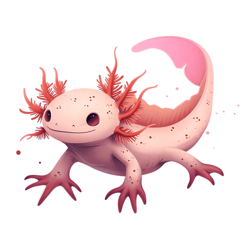 Pink axolotl cartoon illustration featuring red feathery gills and a smiling face against a dark background.