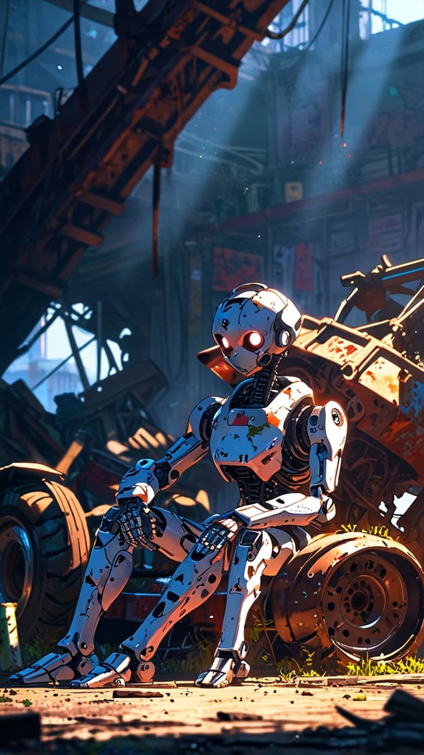 Metallic robot with glowing eyes sits thoughtfully in a desolate junkyard surrounded by rusted machinery.