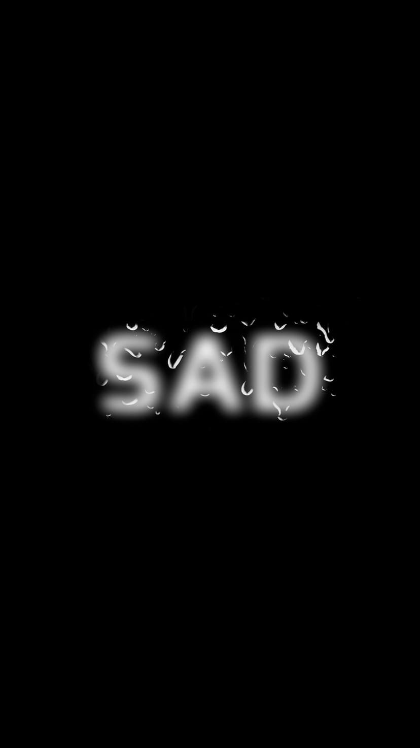 The word SAD appears distorted behind a glass window covered in heavy raindrops against a pitch-black background.