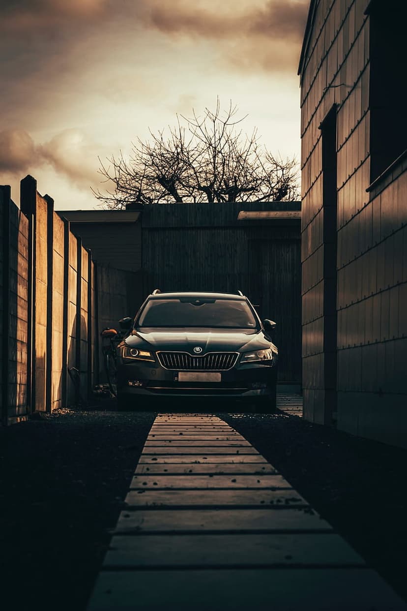 Dark station wagon on a wooden path between buildings under a cloudy twilight sky with a bare tree silhouette.