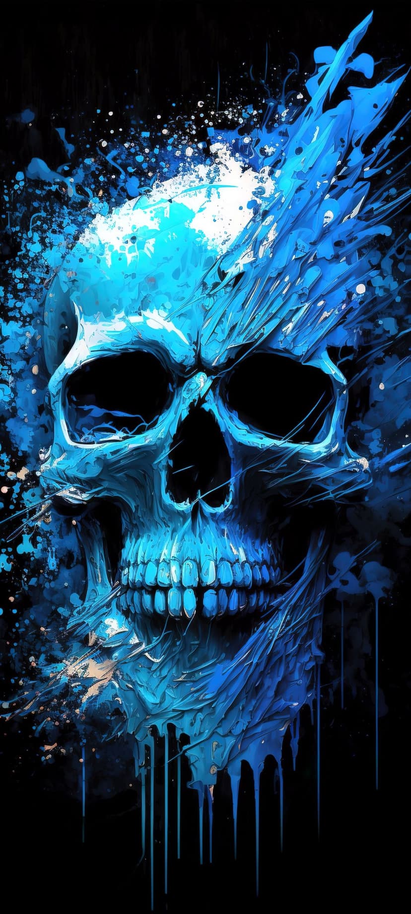Blue skull with liquid paint splatters and vertical drips cascading down against a dark, shadowy background.