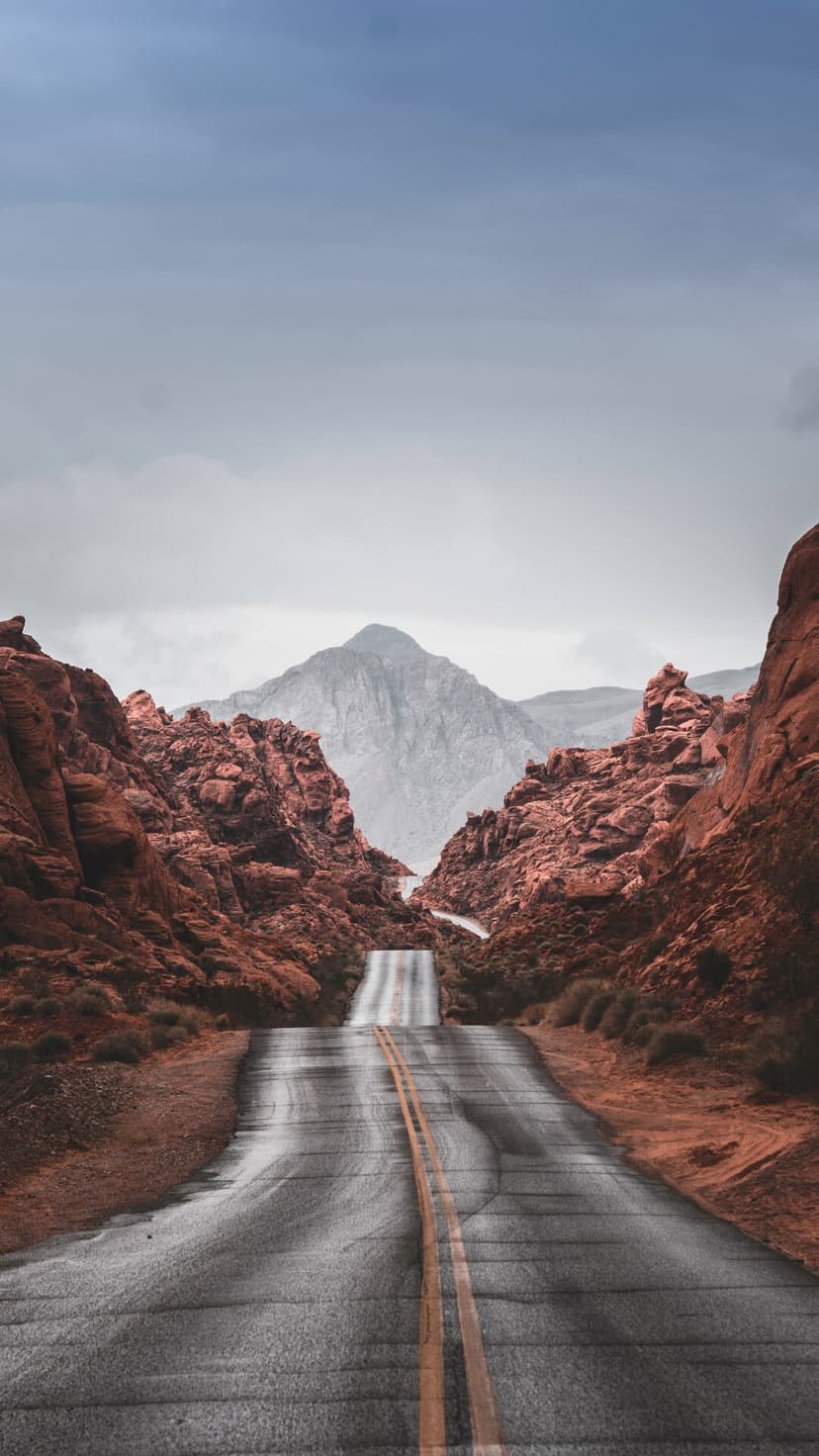 A wet asphalt road curves between towering red rock formations toward a distant grey mountain peak under clouds.