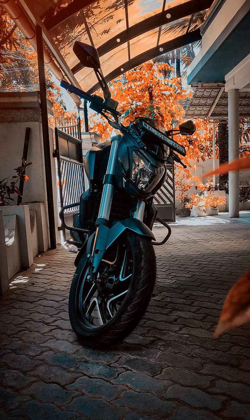 Dark motorcycle parked on a brick path under a canopy of vibrant orange autumn leaves and a translucent roof.