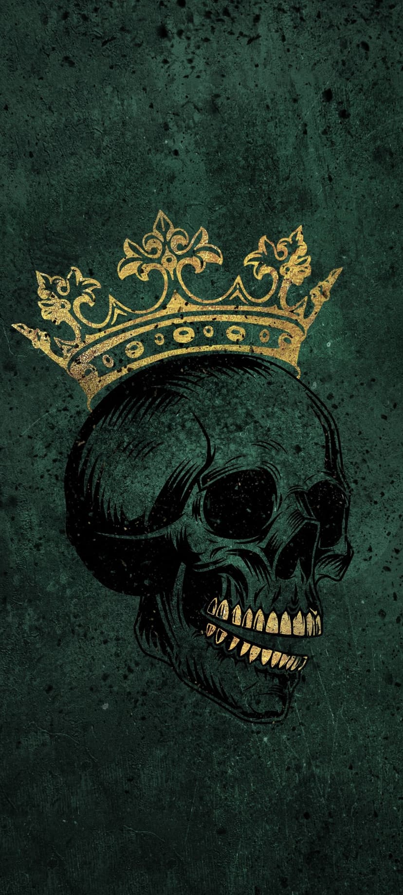 Black skull wearing an ornate golden crown with sharp gold teeth against a dark speckled green backdrop.