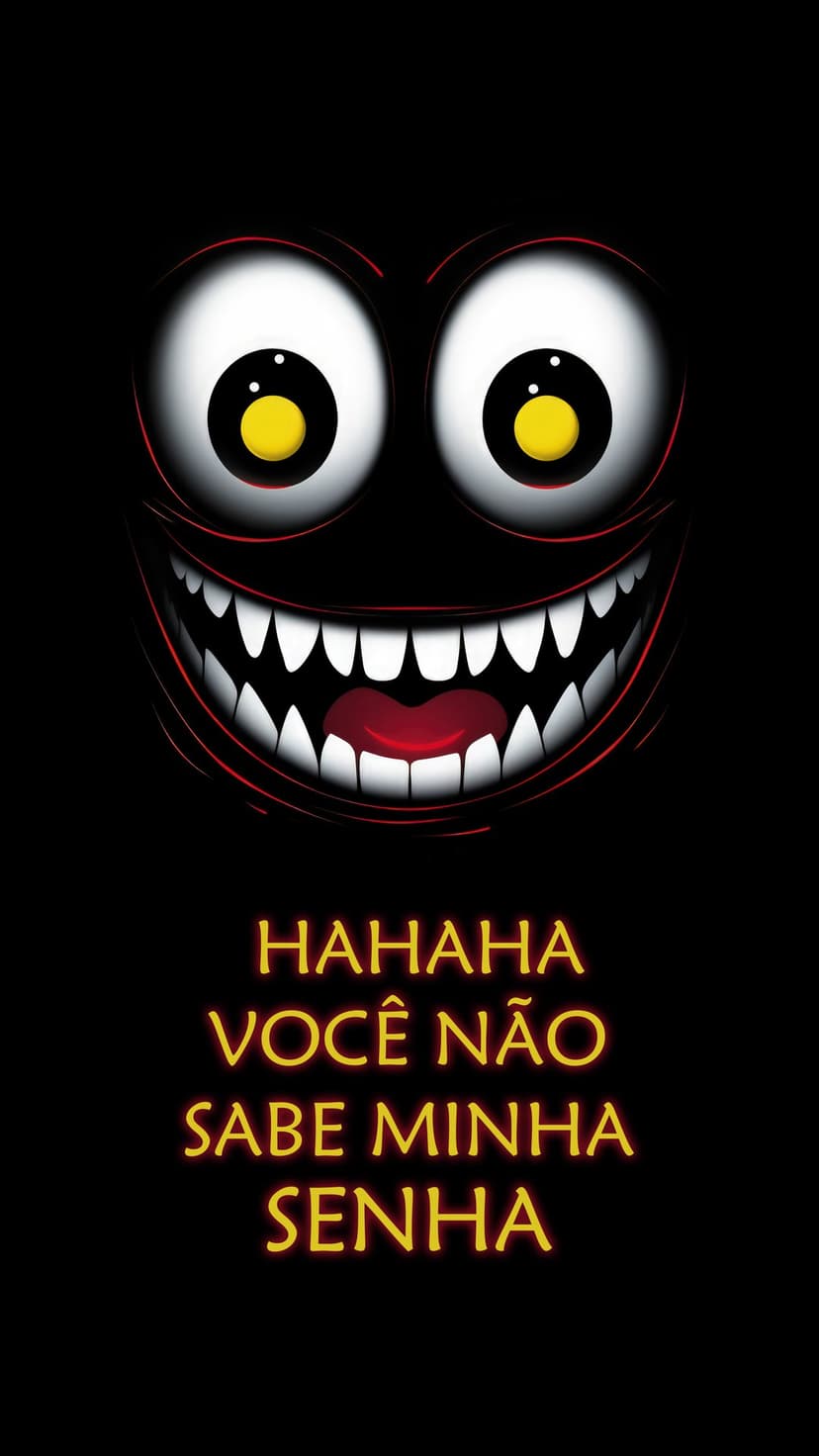 Scary monster face with bulging eyes and sharp teeth looms over orange text on a dark mobile background.