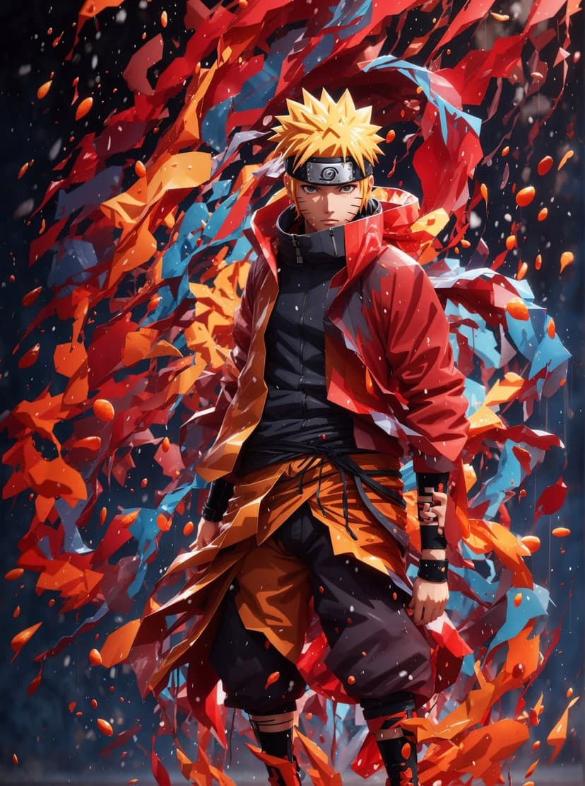 Naruto Uzumaki in a red cloak with swirling blue and orange energy ribbons against a dark, dynamic background.