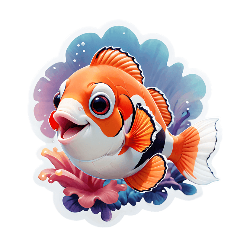 Orange clownfish sticker with white stripes floats near pink coral and bubbles on a blue gradient background.