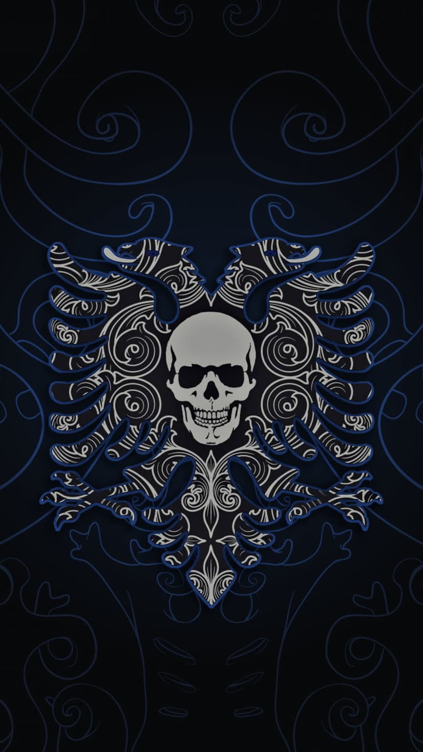 Albanian eagle silhouette containing a human skull and white floral patterns against a dark navy background.