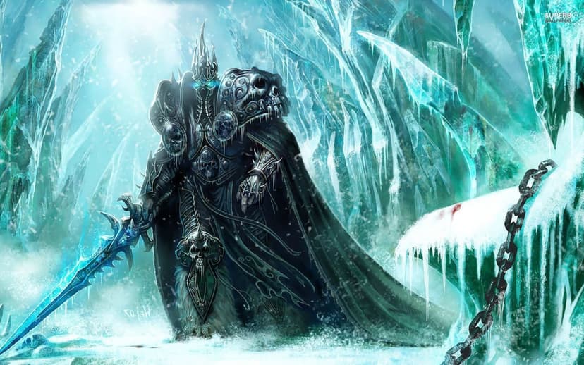 The Lich King in dark skull armor holds a glowing blue runeblade amidst jagged ice pillars and frozen chains.