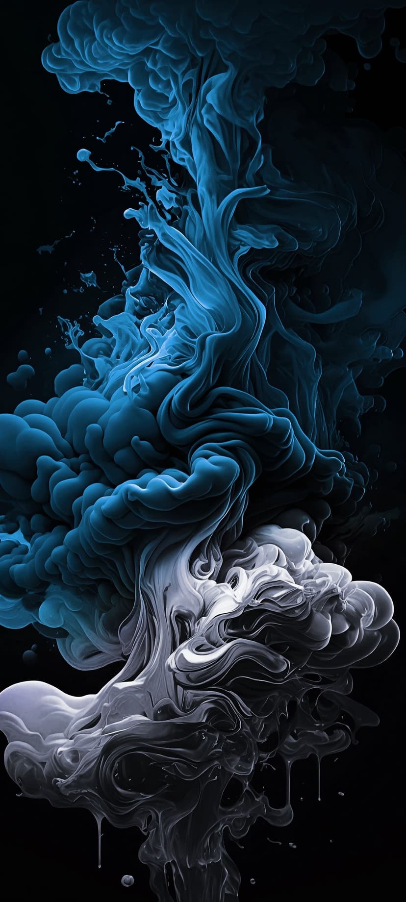 Blue and white smoke swirls intertwined in a vertical spiral pattern against a solid dark black background.