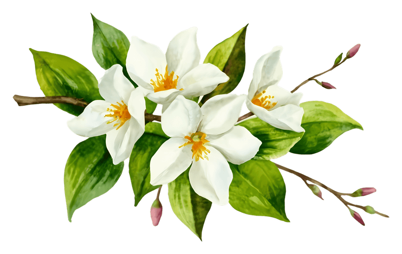 Jasmine flower branch illustration features delicate white blossoms and green leaves against a transparent backdrop.