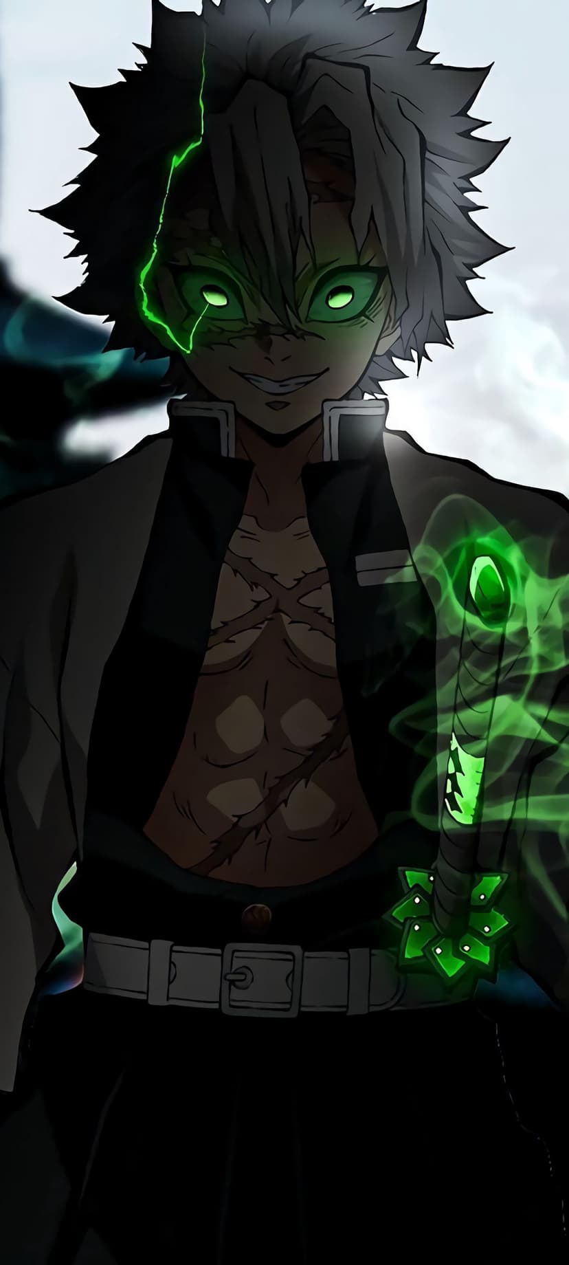 Scarred anime warrior with glowing green eyes holds a powered sword against a bright atmospheric sky.